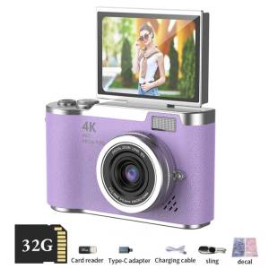4K Digital Camera CCD 180° Flip Screen Selfie Camera 8X Digital Zoom 48MP Portable Digital Photography Camera with 32G Card