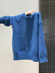 เสื้อสเวตเตอร์ถักนิตติ้งคอตั้งแขนยาวหลวมๆ สีน้ำเงิน ทรงหลวมๆ สำหรับผู้หญิงในฤดูใบไม้ร่วงและฤดูหนาว