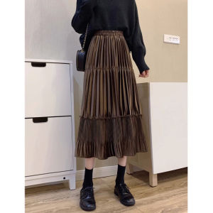 Gold Velvet High Waist A-Line Midi Skirt Womens Spring Autumn Winter Small Size Pleated Half Body Korean Style Commute Pure Color
