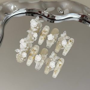 Handmade Long Nail Tips Ice Transparent Luxury White Camellia Butterfly Gentle Elegant Fake Nails Wearable Nail Art Accessories