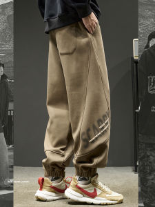 Trendy Grey Casual Mens Sweatpants Loose Fit American Style Sporty Trousers with Lettering Workwear Long Pants Autumn