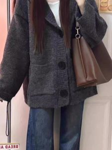 Korean Style Chic Gray Hooded Sweater Coat Cardigan Female Fall and Winter Thick Loose Slimming Idle Style Knitwear Tops