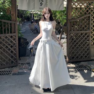 Y6Y | French Elegance Design White Sleeveless Halter Dress Women Summer 2025 New Style Fake Two-Piece A-Line Skirt Standard Fit