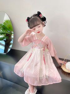 แขนสั้นสไตล์เจ้าหญิง เด็กทารก เดรส 2023 เวอร์ชั่นสไตล์จีนใหม่ เด็กผู้หญิง เสื้อผ้า หวาน ลายดอกไม้ งานปัก กระโปรงทรงเอ
