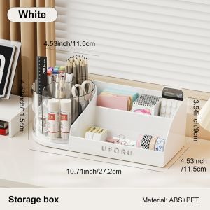 UFORU 360° Rotating Pen Holder Large Capacity Clear Desk Organizer Multi-Zone Stationery Storage Box for Office Desktop