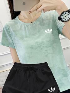 Loose Fit Ice Silk Running Fitness Short Sleeve Set Womens round Neck T-Shirt Yoga Clothes Anti-Light Three-quarter Length Pants