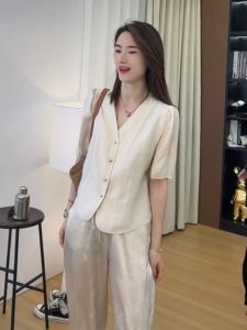 Elegant Acetate Pleated V-Neck Short Sleeve Womens Shirt Summer Design Thin Loose Versatile Open Cardigan Top Korean Style