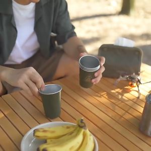 Shinetrip / Ise Mount Portable 4PCS Set / Single Stainless Steel Cup Lid Straw Pouch Storage Bag Camping Outdoor Black