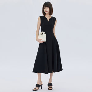 Elegant Hepburn Style Maxi Dress V-Neck Sleeveless High Waist Black Summer Formal Long Dress Polyester Fiber Zipper Closure