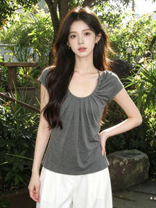 CHOEFULYN | High Sense Gray Ruffled U-Neck Halter Short Sleeve T-shirt