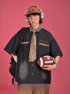 หลวม Fit Short Sleeve เดนิม เสื้อ ฤดูร้อน เสือดาวพิมพ์ Patchwork ล้างครึ่งแขน Original ดีไซน์ ผู้หญิง เสื้อแฟชั่น