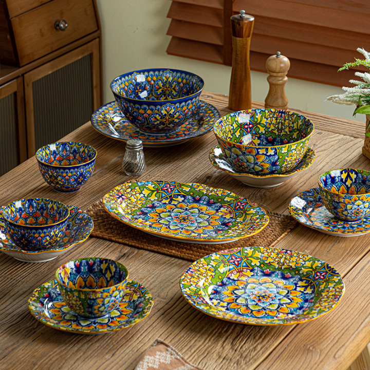Mewah & Selamat, Set Pinggan Mangkuk Warna Bawah Glasur, Mudah Dicuci Dapur, Rice Soup Ceramic Porcelain Keramik Bowl Plate, Wedding Doorgift, New Bohemian Style Thickened Underglaze Tableware, Safe High Temperature Underglaze