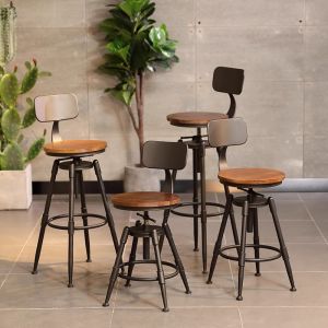 Rotating Adjustable Height Vintage Industrial Wood Iron Chair