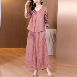 Cotton and Linen Suit Womens Fashion Western Style Fashion Ladieswear Ethnic Style Summer Wear Ramie Top Linen Wide-Leg Pants Two-piece Set