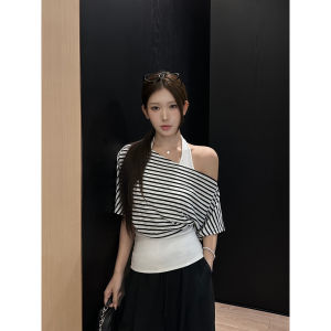 Short Sleeve Design Stripe Fake Two-Piece Off-Shoulder and Skewed Shoulder T-Shirt Women New