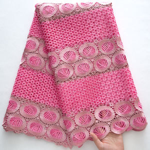 Luxe Pink Guipure Cord Lace Fabric - Circular Leaf Motifs & Geometric Embroidery 5Yards African Holes Lace For Bridal Gowns​