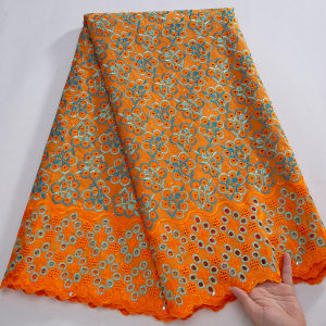 African Cotton Lace Fabric - 5Yards Embroidered Nigerian Swiss Voile With Crystal Stones For Wedding Party & Special Occasion