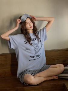 Meiteng Womens Summer Lightweight Sleepwear Soft Cotton Loose Casual Short Sleeve round Neck Home Clothes 7A Antibacterial Set