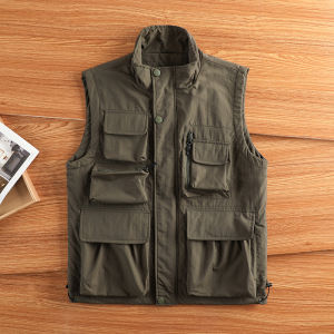 Phong Cách Mỹ Câu Cá Nhiều Túi Nam  Áo Hai Dây Đi Xe Thể Thao Ngoài Trời Áo Khoác Thoải Mái Rộng Rãi Fit Khóa Kéo Vải Nylon Đóng Cửa