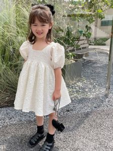 Girls Summer Puff Sleeve White Princess Dress Childrens Short-Sleeved Dress Summer Baby Square Collar Jacquard Dress Tide