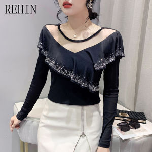 REHIN New mesh fashion round neck hollow heavy ruffled rim hot diamonds with long-sleeved T-shirt elegant women blouse