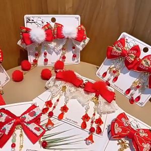 กิ๊บติดผมจีน โบว์ติดผมสีแดง เครื่องประดับ สำหรับผู้หญิง