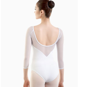 ชุดเต้นรำผ้าตาข่ายแขนเจ็ดส่วนสำหรับผู้ใหญ่ ดีไซน์เปิดหลัง V ชุดโยคะบัลเล่ต์แบบสวมหัวสำหรับผู้หญิง ชุดเต้นรำบัลเล่ต์แบบสวมหัว