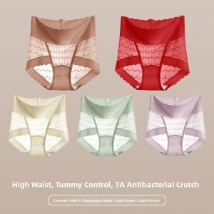 Red Lace High Waist Seamless Abdomen Control No Roll Edge Sericin Underwear Soft Silk Triangle Panties for Young Women
