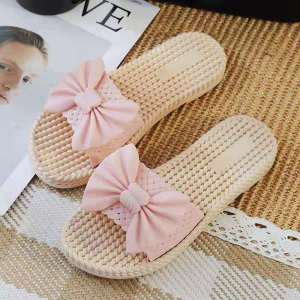 Summer Outdoor Womens Slippers 2023 New Butterfly Knot Flat Bottom Anti-Slip Home Pregnancy Beach Slippers Soft Rubber