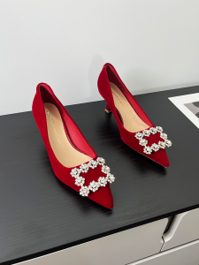 Summer Xueer Velvet High Heels Womens Spring New Thin Heel Bride Shoes Pointed Toe Rhinestone Square Buckle Single Shoes Wedding Shoes