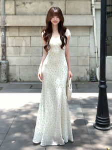 PEIZIXUAN | Summer New French Style White Polka Dot Lace Joint Dress