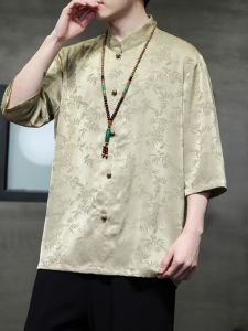 New Chinese Style Mens Shirt Summer Vintage Short Sleeve Ice Silk Thin Young Tea Costume Trendy Loose Fit Long Sleeve Button up