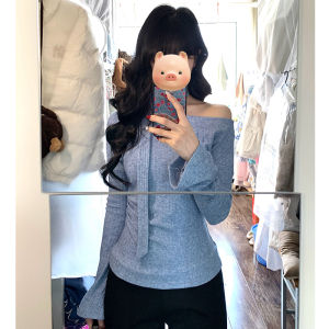 BINKAFENNY | เสื้อยืดคอกลมแขนยาวทรงสลิมฟิตสำหรับผู้หญิงในฤดูใบไม้ร่วง ทรงเข้ารูป เซ็กซี่ โชว์ไหล่ เสื้อชั้นในสีฟ้าอ่อน