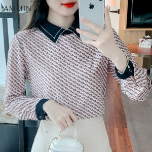 AMMIN Áo Cánh Đi Làm In Họa Tiết Kẻ Sọc Dài Tay Mùa Xuân Và Mùa Thu Thời Trang Mới Phong Cách Mới Ve Áo Cá Tính Áo Voan Phiên Bản Hàn Quốc Cho Nữ