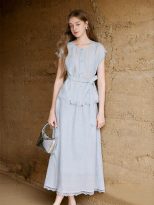 XIANGYING | Summer Autumn Linen Waist-Cinching Two-Piece Dress Set