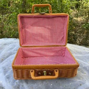 Retro Rattan Storage Suitcase Handmade Wicker Picnic Basket Travel Camping Food Container Straw Women Tote Luggage Organizer