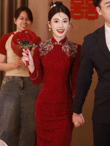 Retro Republic of China Style Improved Red Cheongsam Wedding Dress New Chinese Style Autumn Elegance Dress for Women
