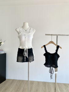White Lace Trim Hollow out Belted Strap Vest Womens Summer 2025 New Korean Style Spicy Girl with Chest Pad Top