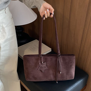 FQ1 Women Suede Look Baguette Bag Large Capacity Shoulder Bag Zipper Closure Daily Commute QF1