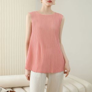 Women Casual Loose Tank Top | Miyake Style Round Neck | Solid Color Basic Commuter | Breathable Comfort for Daily Wear 8731