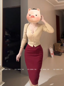 Xzy/Xin Zhengyan Slightly Oversized Girls Pure Desire Gentle Silm V Neck Cardigan Top Female Early Autumn Sheath Skirt Suit