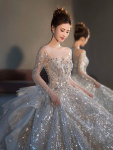 Elegant French Long Sleeve One Shoulder Wedding Dress Luxury Starry Night High Quality Heavy Embroidery Bridal Gown for Women