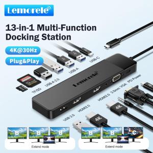 Lemorele | Lemorele 13-in-1 USB C HUB 4K30Hz HDMI USB 3.0 PD100W Docking Station RJ45 VGA SDTF USB Splitter for Mac OS Windows Laptop