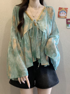 AIYITI | Oversized Unique Glitter Gradient V-Neck Tummy Covering Summer Blouse