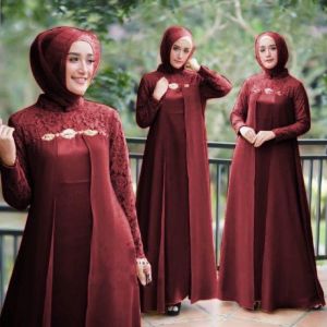 GAMIS MAXI HELENA/ SIZE S-M-L-XL-XXL/ MOSCREPE KOMBI BRUKAT LAPIS FURING PAKAIAN MUSLIM WANITA JOMBO