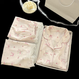 MiiOW | ชุดนอนผ้าไหมน้ำแข็งแขนสั้นบางสำหรับผู้หญิง ชุดนอนฤดูร้อน ชุดสามชิ้น ใส่ไปนอกบ้านได้ ชุดนอนฤดูร้อน ผ้าไหมน้ำแข็ง