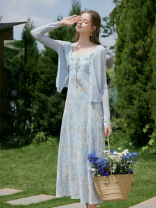 XIANGYING | Summer Knitted Blue Print Dress Two-Piece
