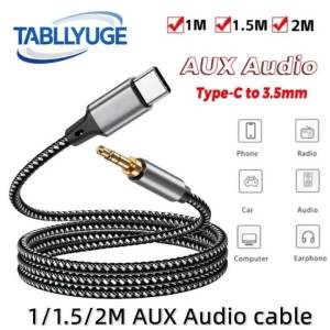 TABLLYUGE USB Type-C to 3.5mm Jack Aux Cable USB-C Audio Adapter 1m/1.5m/2m for Phone Headphones Car Audio Connector Aux Cable