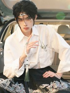 New Chinese Style Mens Long Sleeve Shirt Collared Bamboo Patterned Improved Version Hanfu Tang Costume Casual Fashion