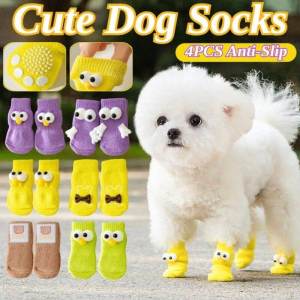4Pcs Cute Pet Dog Socks With Print Anti-Slip Cats Cartoon Warm Puppy Shoes Paw Protector Products
